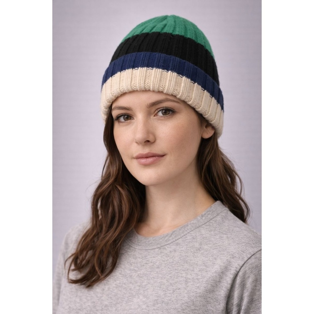 Everlane Recycled Cashmere Beanie Hat‎ Multi Stripe Green Black Blue Cream OS